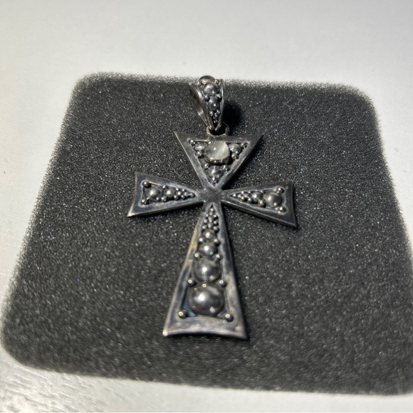 VTG Sterling Silver BA BALI SUARTI Cats Eye Pebbled Cross Necklace Pendant - Picture 2 of 7